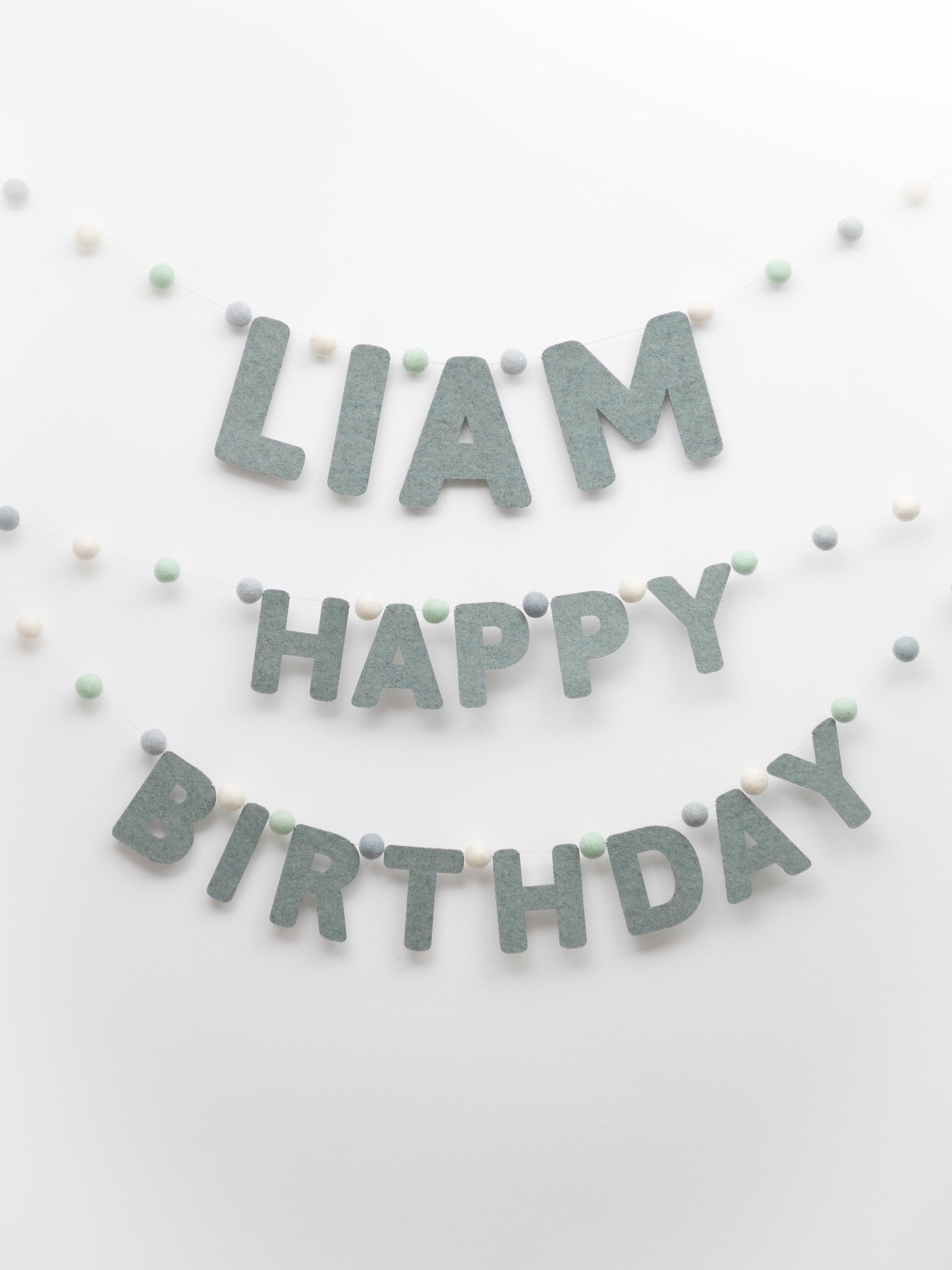 Buchstaben Filz Girlande aus Filz 'No 1b' Liam und Happy Birthday